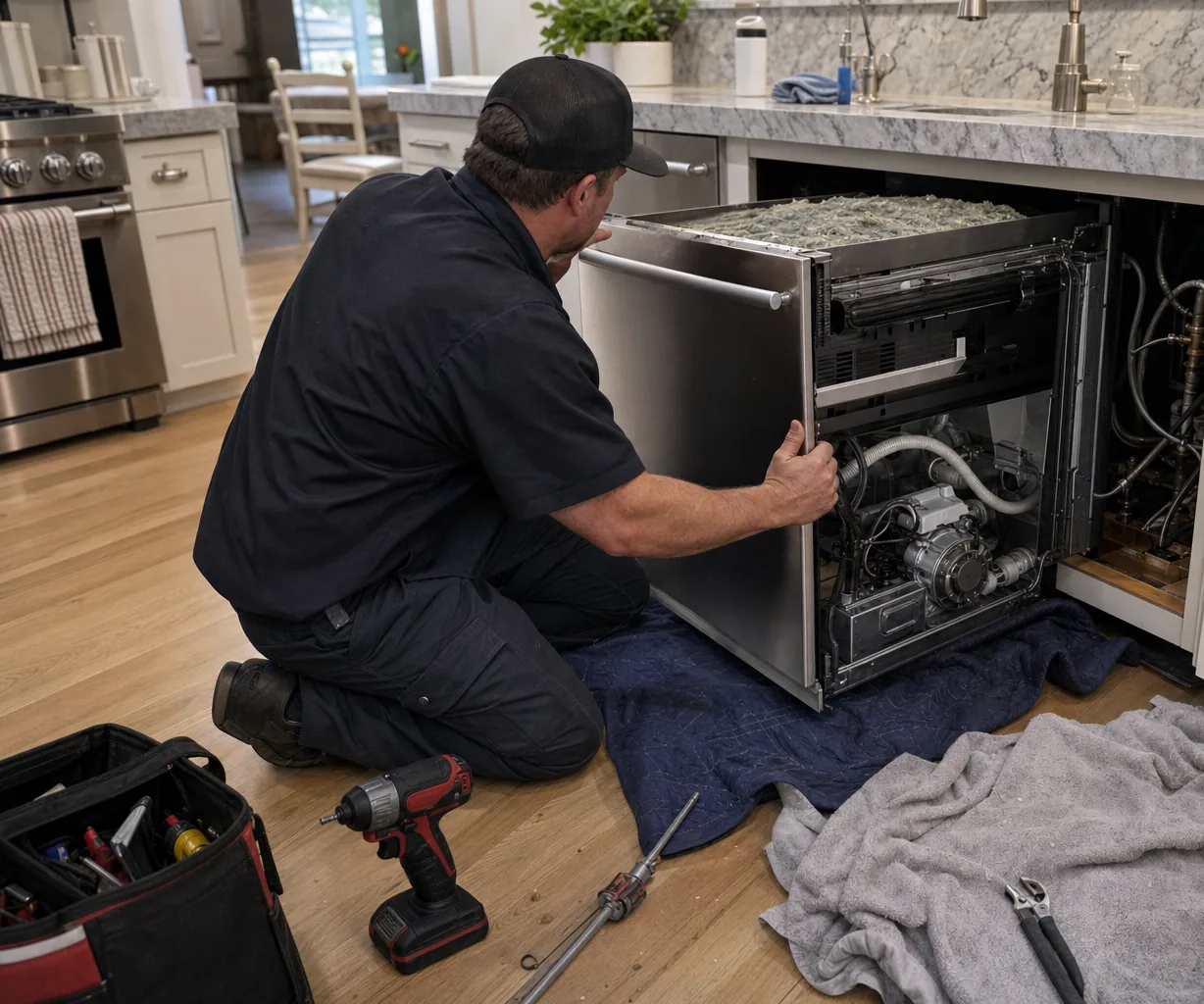 Technician servicing a built-in dishwasher on a same-day visit