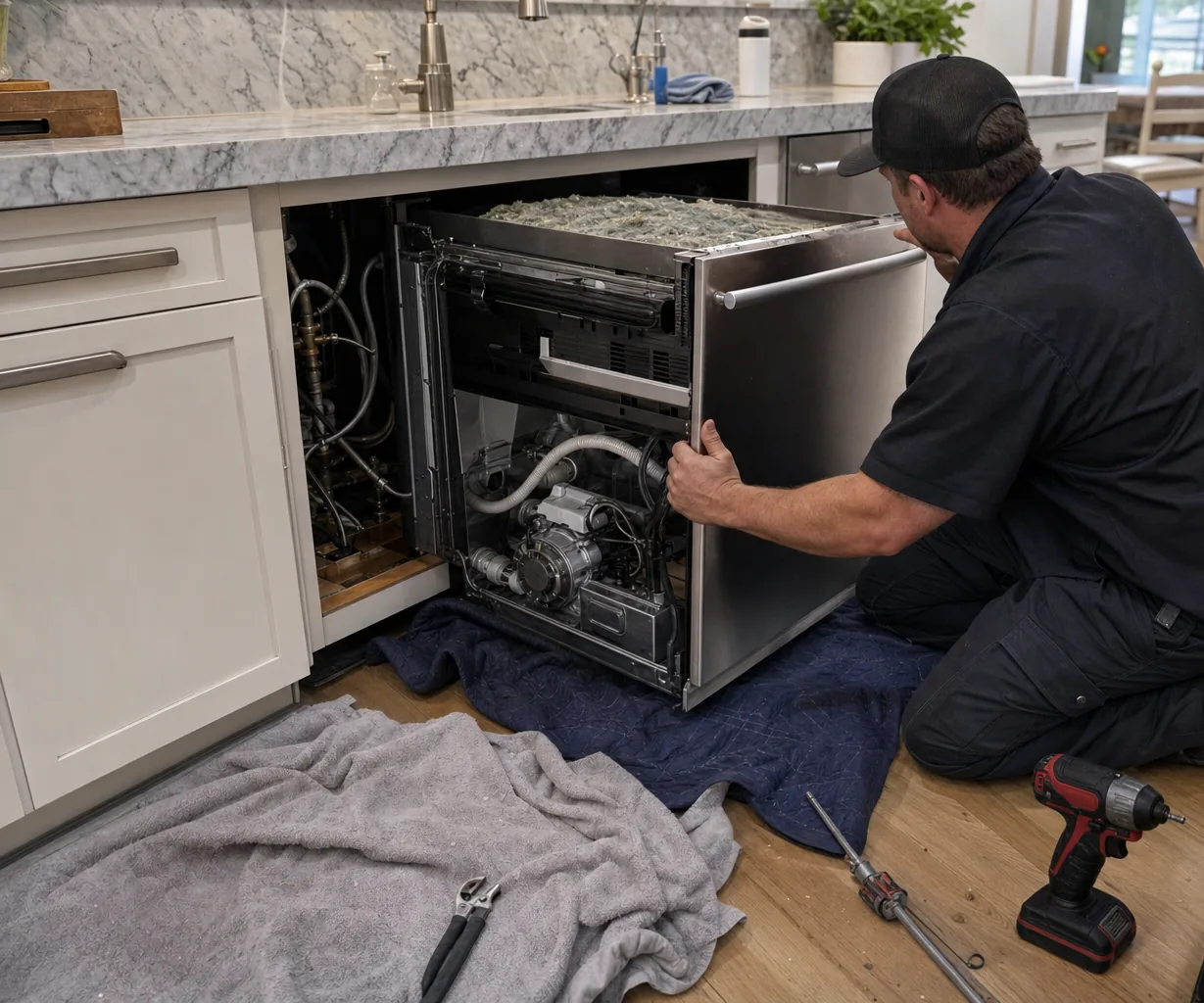 Technician servicing a built-in dishwasher up close