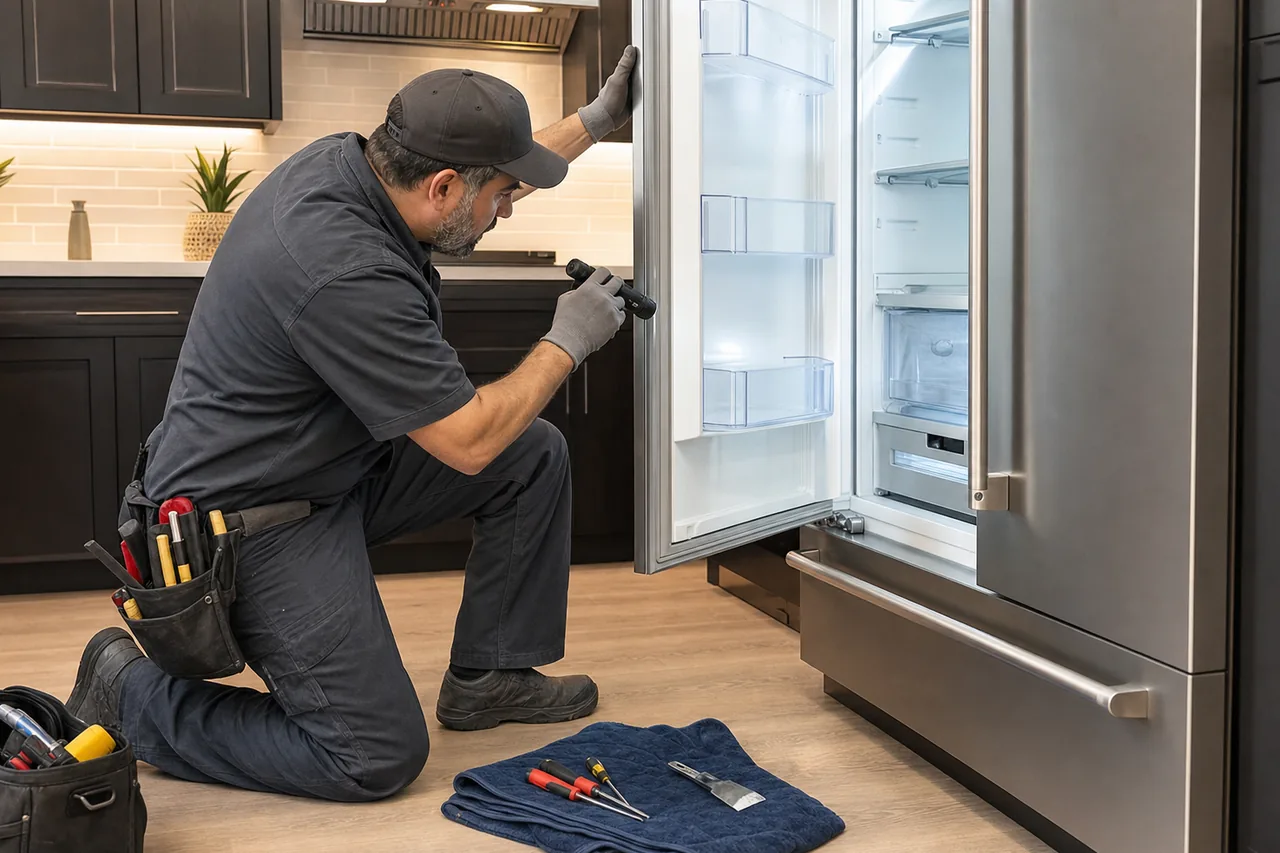 Technician repairing a built-in refrigerator up close