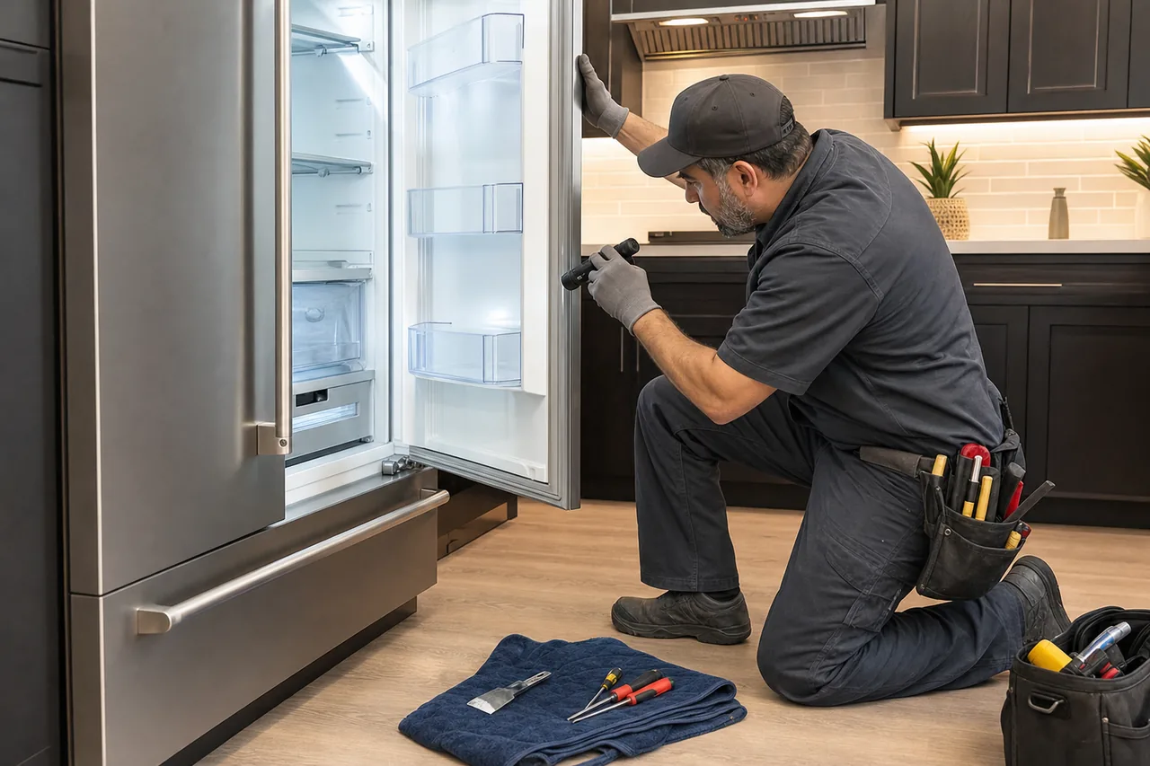 Technician repairing a built-in refrigerator up close