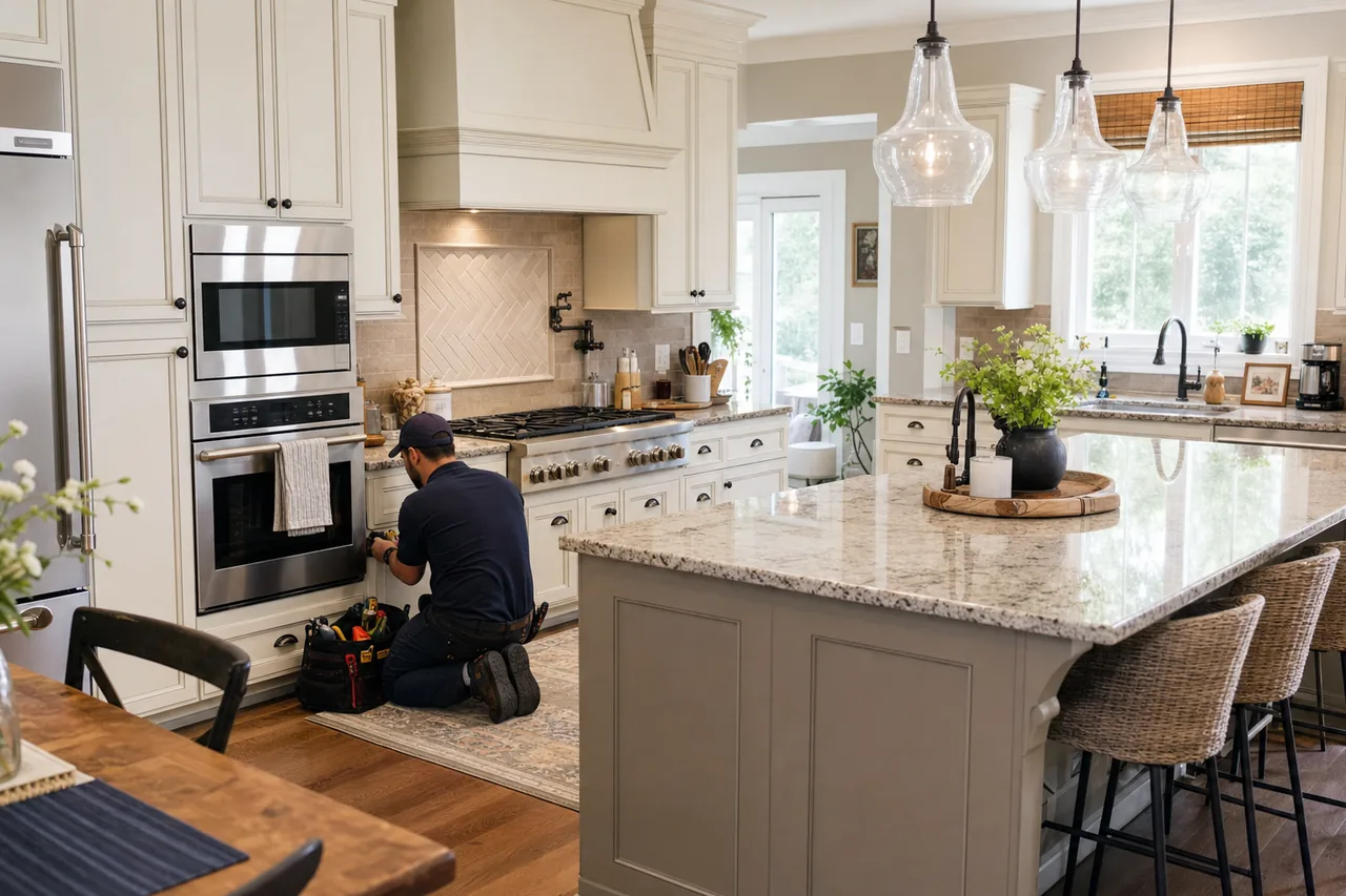 A Stamford kitchen with a Viking professional range and built-in refrigeration