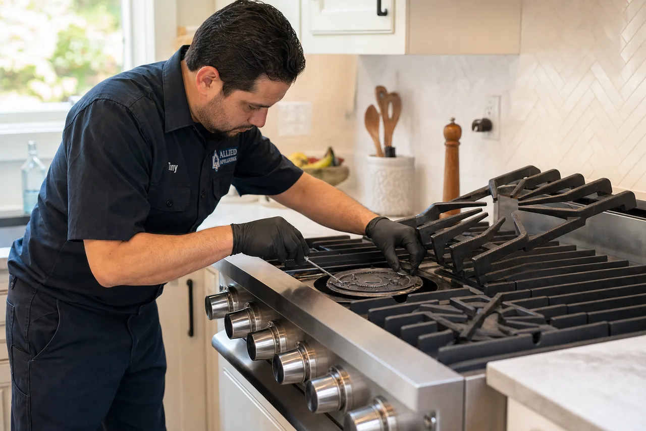 Technician servicing a stainless Viking range on a same-day visit