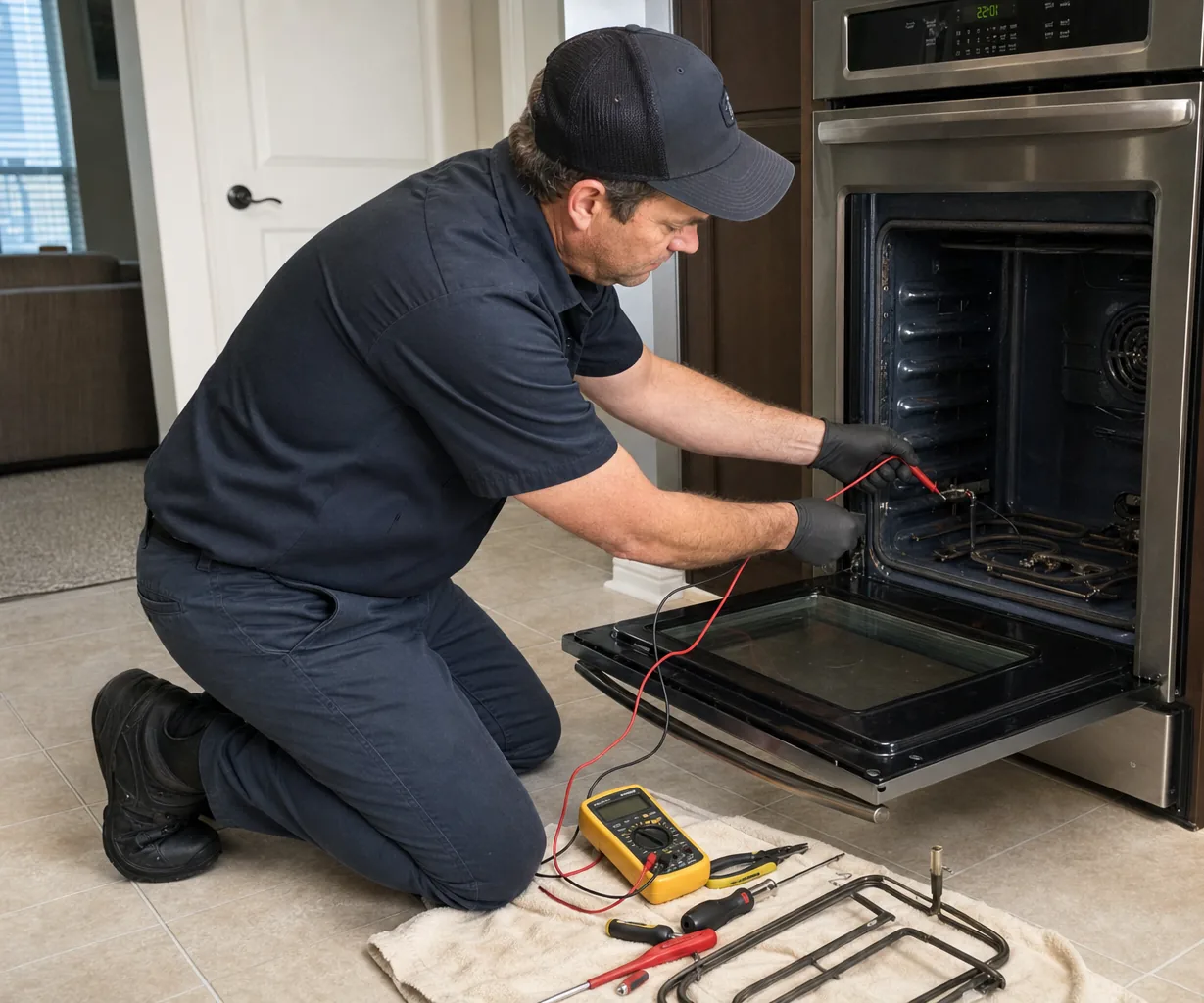 Technician servicing a built-in wall oven on a same-day visit